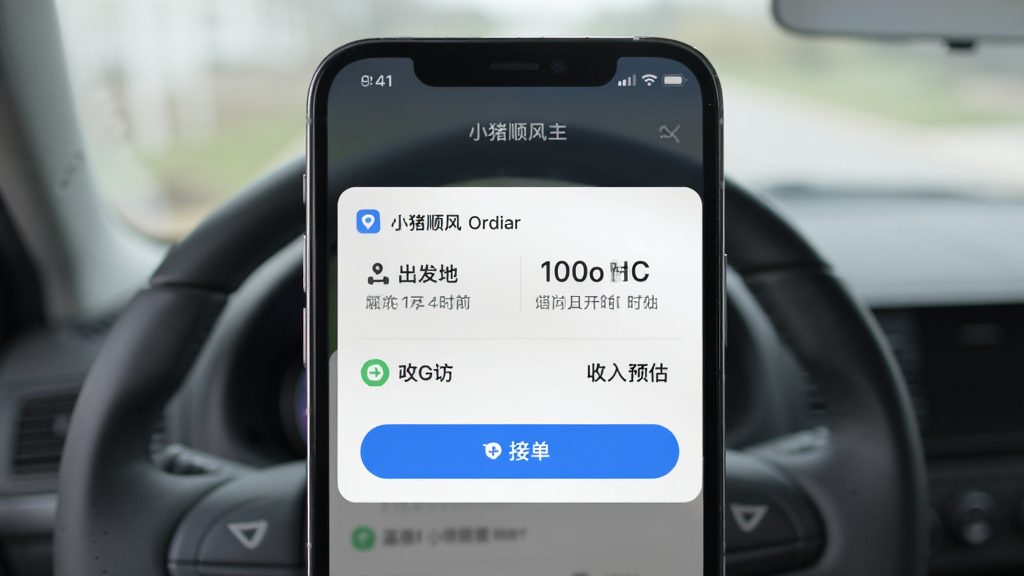 小猪顺风车主实时订单推送场景,主体为手机屏幕弹出订单通知卡片,布局为居中展示,排版突出订单核心信息,风格为现代商务风,细节包含出发地、目的地、时间、收入预估、接单按钮,画质高清,干净,无多余元素