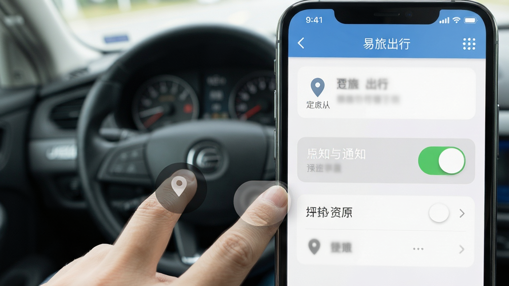 易旅出行司机端 手机设置权限界面 定位与通知开关 司机操作手指点击 清晰明亮 干净 无多余元素 高清画质