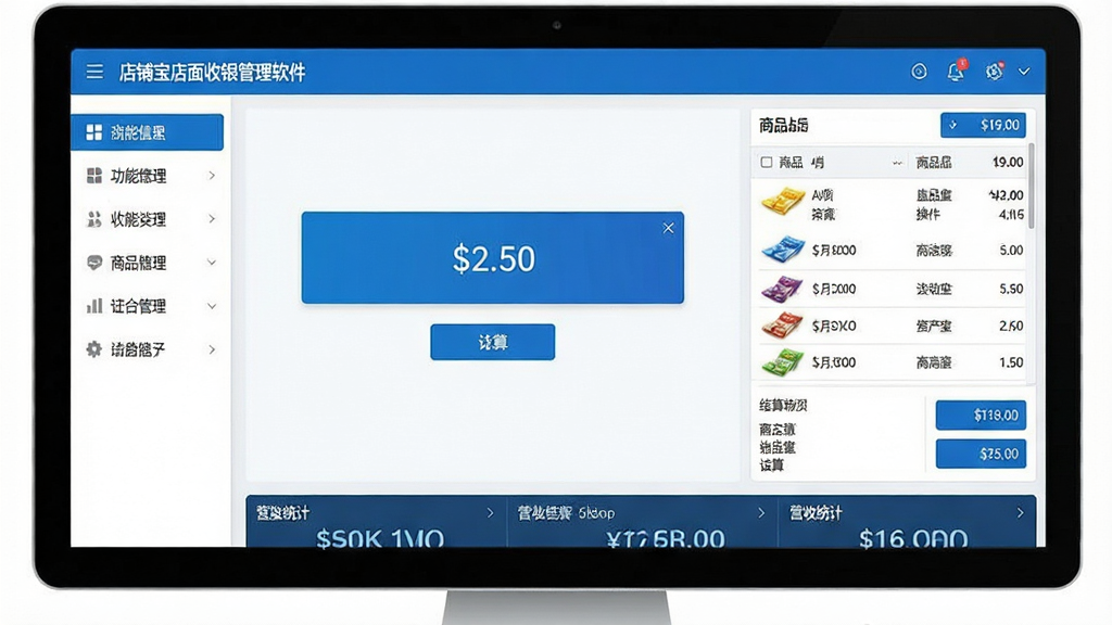 一张展示“店铺宝店面收银管理软件”主界面的图片,画面中央是软件收银操作界面,左侧为功能菜单栏,右侧为商品列表与结算区域,底部显示营收统计数字,整体布局清晰,风格简洁商务,配色以蓝白为主,画质清晰,干净无多余元素