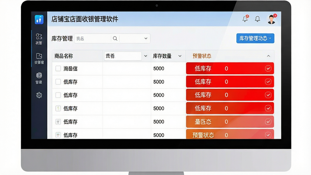 一张展示“店铺宝店面收银管理软件”商品与库存管理功能的图片,画面为电脑屏幕显示库存管理界面,表格中列出商品名称、库存数量与预警状态,部分商品标红提示低库存,界面风格清爽,布局规整,画质清晰,干净无多余元素
