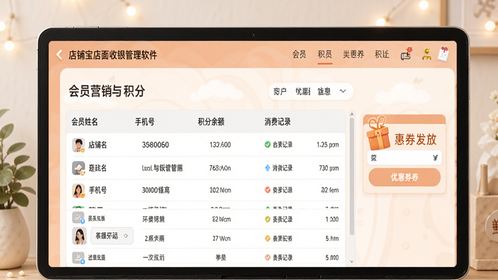 一张展示“店铺宝店面收银管理软件”会员营销与积分功能的图片,画面为软件会员管理界面,显示会员姓名、手机号、积分余额与消费记录,界面右侧有优惠券发放按钮,风格温馨友好,配色柔和,画质清晰,干净无多余元素