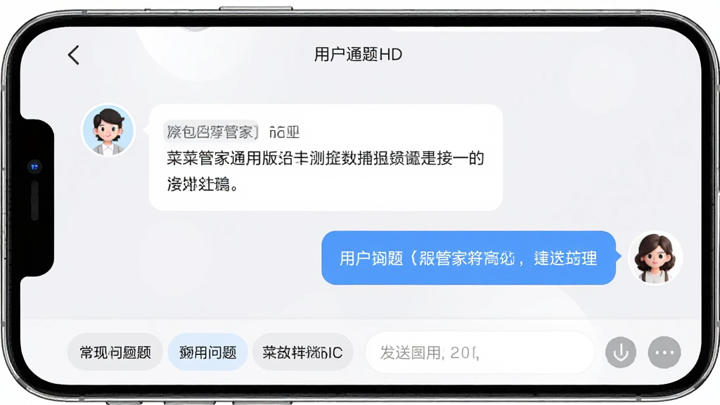 AI生成图片,主体为菜管家通用版HD客服聊天界面,布局为手机屏幕内显示对话气泡,左侧为客服头像和回复内容,右侧为用户提问,排版为上下对话流,风格为清新浅色系,细节包含常见问题快捷按钮和发送框,画质高清,干净,无多余元素