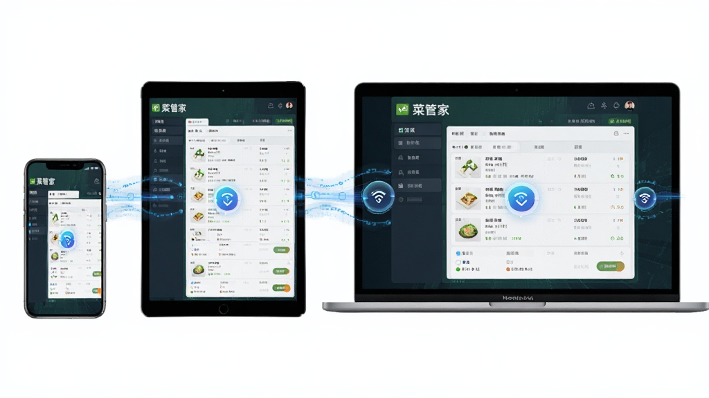 AI生成图片,主体为菜管家通用版HD多设备同步示意图,布局为画面中同时展示手机、平板和笔记本电脑,三台设备屏幕均显示相同采购数据界面,排版为横向排列,风格为科技商务风,细节包含同步图标和数据流动线条,画质高清,干净,无多余元素