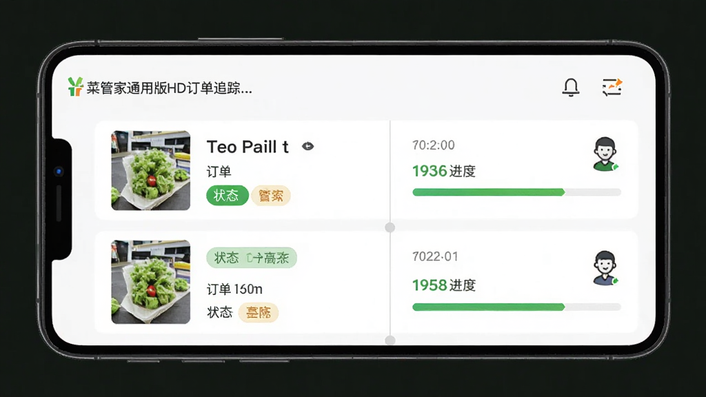 AI生成图片,主体为菜管家通用版HD订单追踪页面,布局为手机屏幕内显示订单列表,每条订单包含商品缩略图、状态标签和物流进度条,排版清晰,风格为简约商务风,细节包含时间轴和配送员图标,画质高清,干净,无多余元素