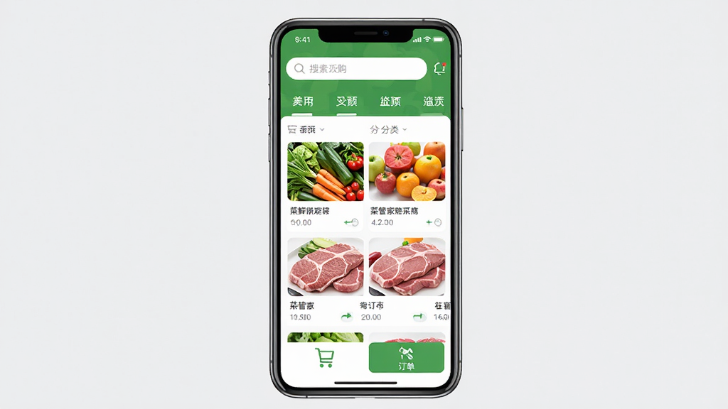 菜管家通用版HD软件主界面截图,画面中央展示手机屏幕,屏幕内呈现农产品采购商城首页,顶部有搜索框和分类导航,中部有新鲜蔬菜水果肉类商品卡片,底部有购物车和订单入口,背景为干净的浅灰色,风格简洁商务,细节清晰,画质高清,干净,无多余元素