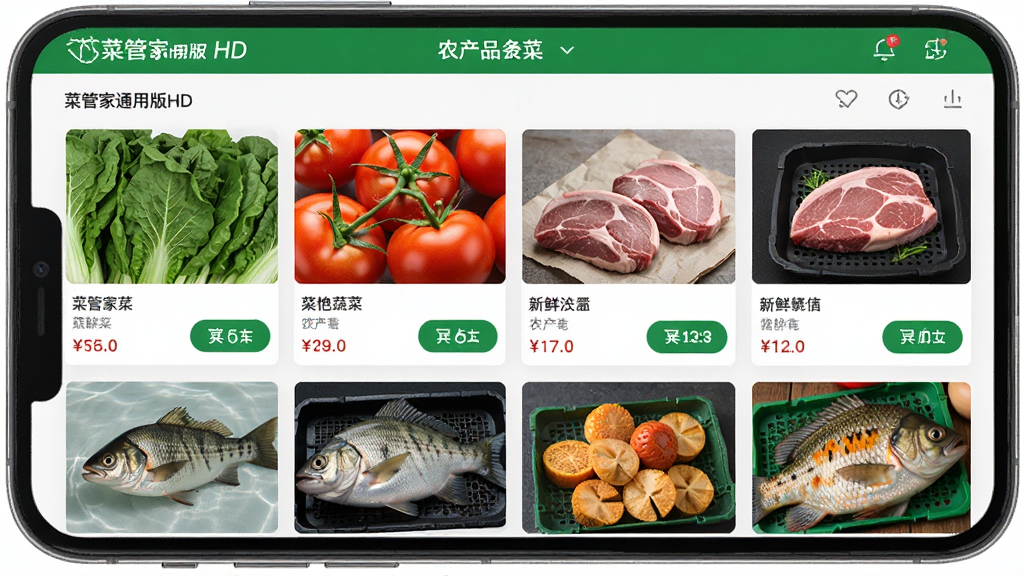 AI生成图片,主体为菜管家通用版HD应用界面中丰富的农产品分类展示,布局为手机屏幕内呈现网格状商品列表,包含绿叶蔬菜、红色番茄、新鲜猪肉、活鱼等图片,排版整齐,风格为现代扁平化设计,细节包含价格标签和加入购物车按钮,画质高清,干净,无多余元素