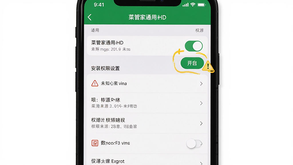 AI生成图片,主体为手机屏幕显示菜管家通用版HD安装权限设置界面,布局为手机设置页面截图风格,包含未知来源开关和权限列表,排版为纵向列表,风格为简洁实用,细节包含高亮标注的开启按钮和警告图标,画质高清,干净,无多余元素