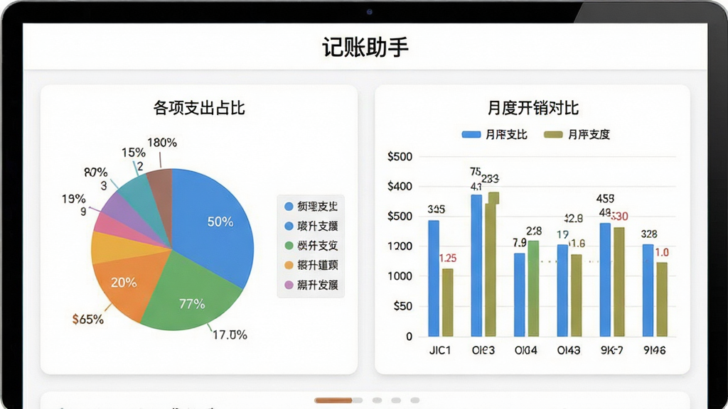 记账助手应用内的统计图表页面,左侧是彩色饼状图显示各项支出占比,右侧是柱状图对比月度开销,背景是干净的白色卡片式布局,顶部有