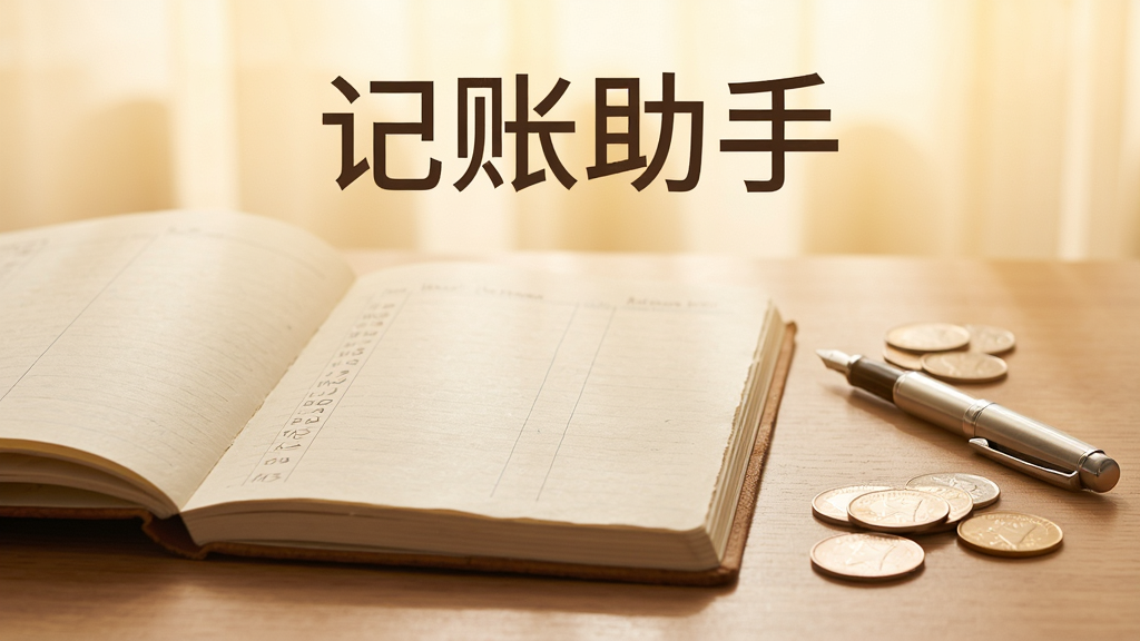 一本翻开的记账本放在木质桌面上,旁边有一支笔和几枚硬币,背景是温馨的暖色调,画面中央上方有