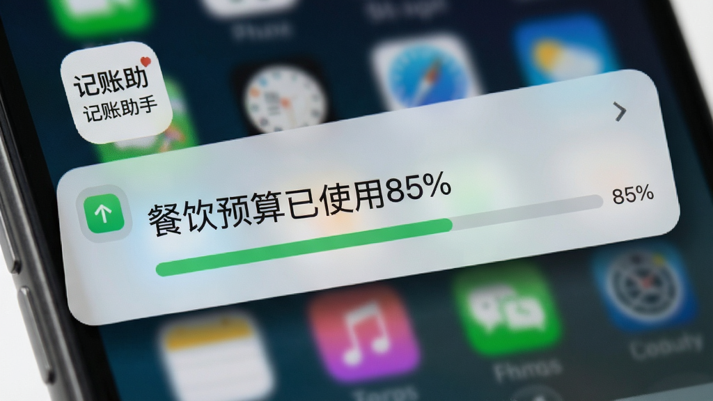 手机通知栏弹出记账助手预算提醒,屏幕上显示