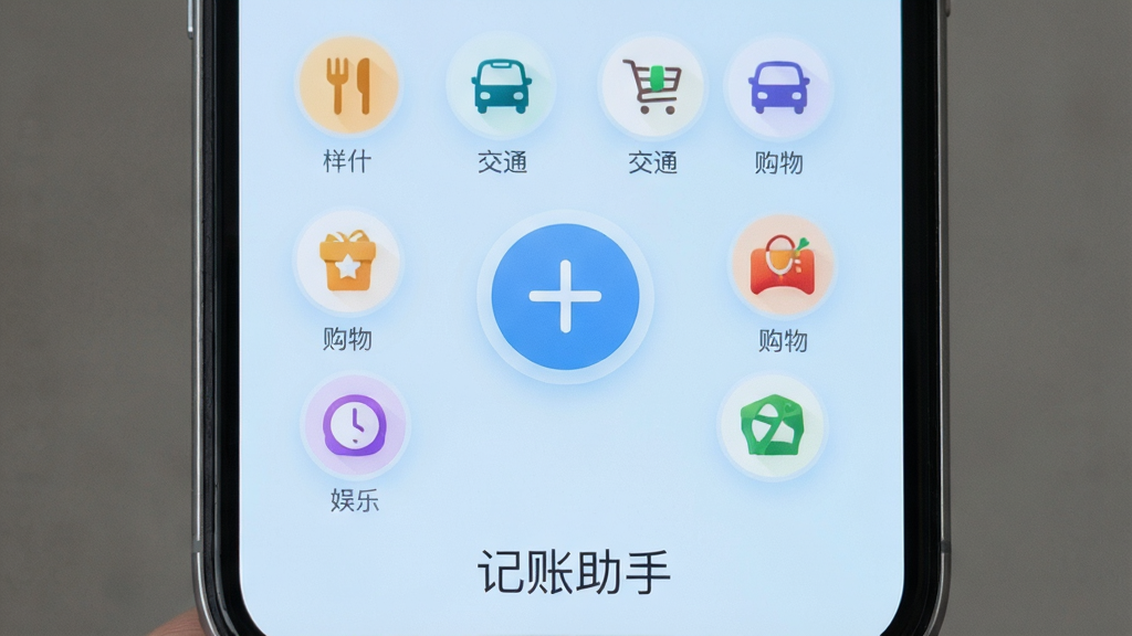 手机屏幕显示记账助手应用界面,界面中央有一个醒目的加号按钮,周围环绕着餐饮、交通、购物、娱乐等分类图标,背景是柔和的浅蓝色渐变,手机下方有