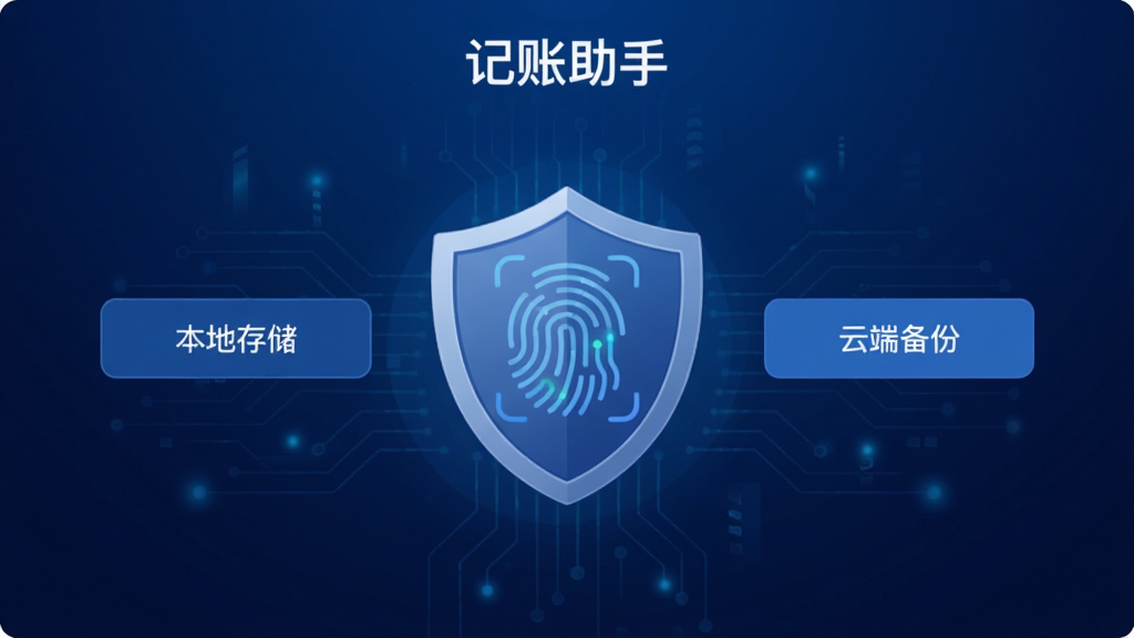 记账助手数据安全设置页面,屏幕中央有一个盾牌图标和指纹识别图案,周围有