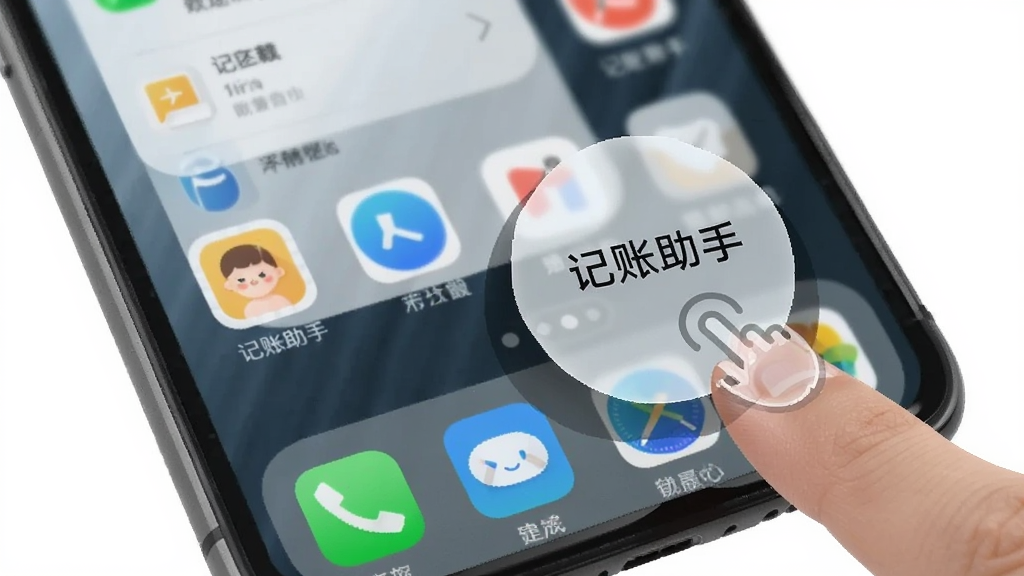 手机屏幕展示记账助手悬浮球功能,悬浮球位于屏幕边缘半透明显示,旁边有手指点击的示意动作,背景是手机桌面和应用列表,画面中有