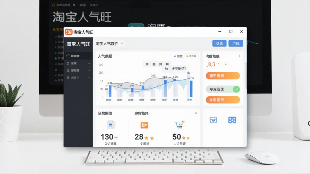 一张展示淘宝人气旺软件主界面的图片,画面中央是软件窗口,窗口内包含店铺人气数据图表和功能按钮,背景是简洁的电脑桌面,整体风格清爽商务,画质清晰,文字标注“淘宝人气旺”,干净无多余元素