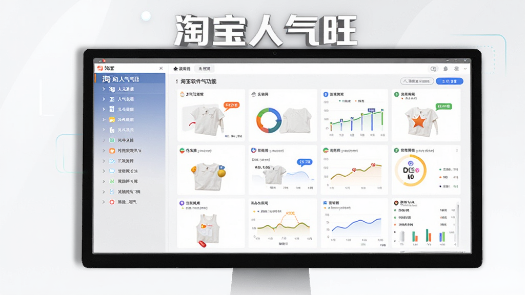 淘宝人气旺软件功能展示图,画面中软件界面分为左右两栏,左侧是功能菜单列表,右侧是数据展示区域,界面风格简洁现代,屏幕上有“淘宝人气旺”字样,画质清晰,布局规整,干净无多余元素