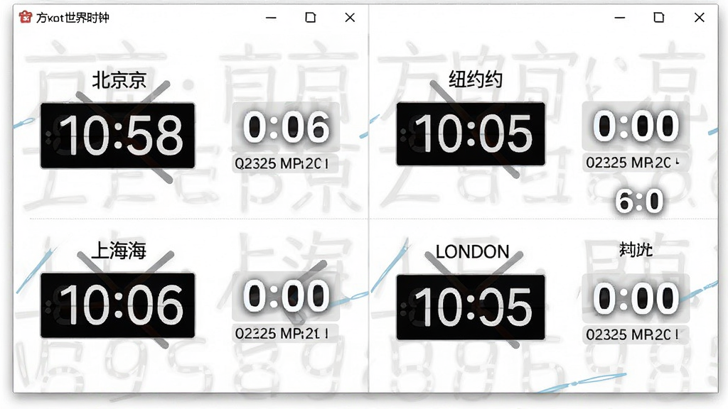 一张方医生世界时钟多时区显示功能的图片,画面中软件窗口被分为左右两列,左列显示北京、上海,右列显示纽约、伦敦、巴黎,每个城市名旁边有数字时钟和日期,整体布局对称,风格简约商务,背景为白色,画质清晰,干净,无多余元素
