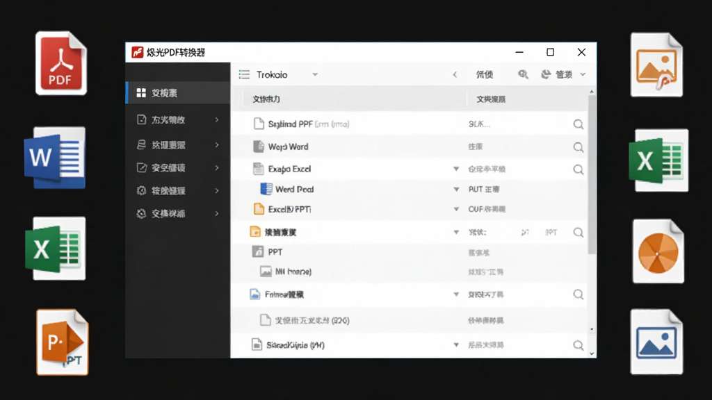 主体为烁光PDF转换器软件主界面,布局为左侧功能导航栏加右侧文件列表区,排版为居中展示软件窗口,风格为现代简约办公风,细节包含PDF、Word、Excel、PPT、图片等格式图标环绕,画质清晰干净无多余元素