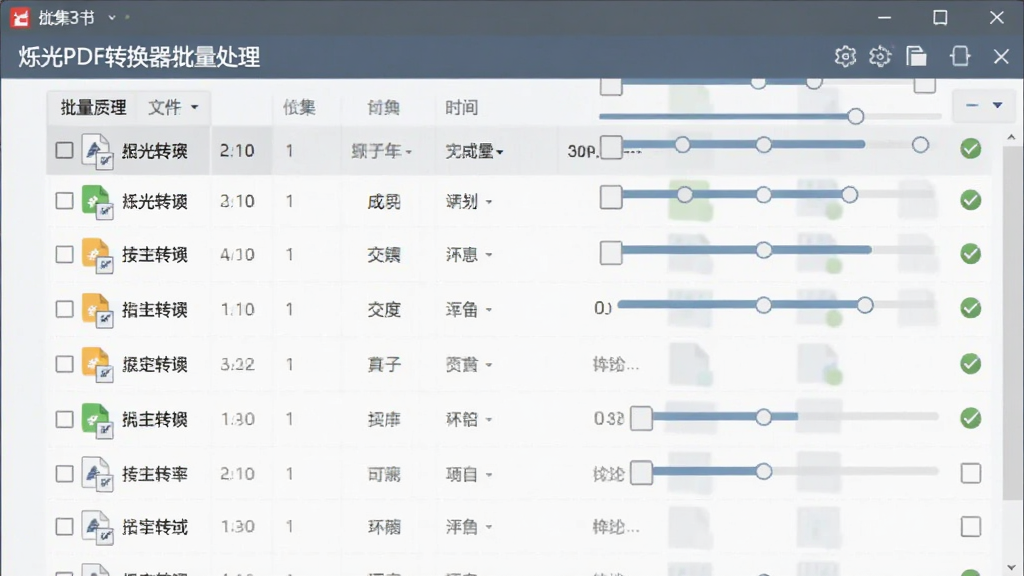 主体为烁光PDF转换器批量处理界面,布局为文件列表加进度条展示,排版为纵向列表排列,风格为清爽办公软件风,细节包含多个文件图标和已完成勾选标记,画质清晰干净无多余元素