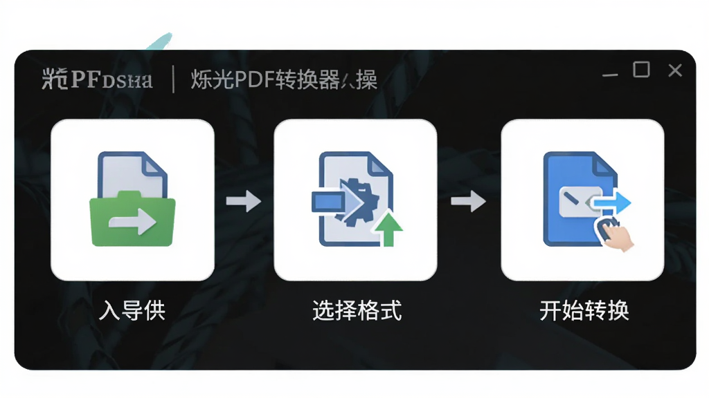 主体为烁光PDF转换器操作步骤示意图,布局为三步流程图形式,排版为从左到右依次排列,风格为简洁教程风,细节包含导入文件、选择格式、开始转换三个步骤图标,画质清晰干净无多余元素