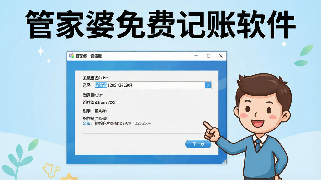 一张展示管家婆免费记账软件新手安装设置向导的图片,画面中央是软件安装向导窗口,窗口内显示安装路径选择和组件检测步骤,旁边有一个卡通人物手指着屏幕上的“下一步”按钮,背景为浅蓝色渐变,整体风格轻松友好,画面中标注文字“管家婆免费记账软件”,画质清晰,干净整洁,无多余元素