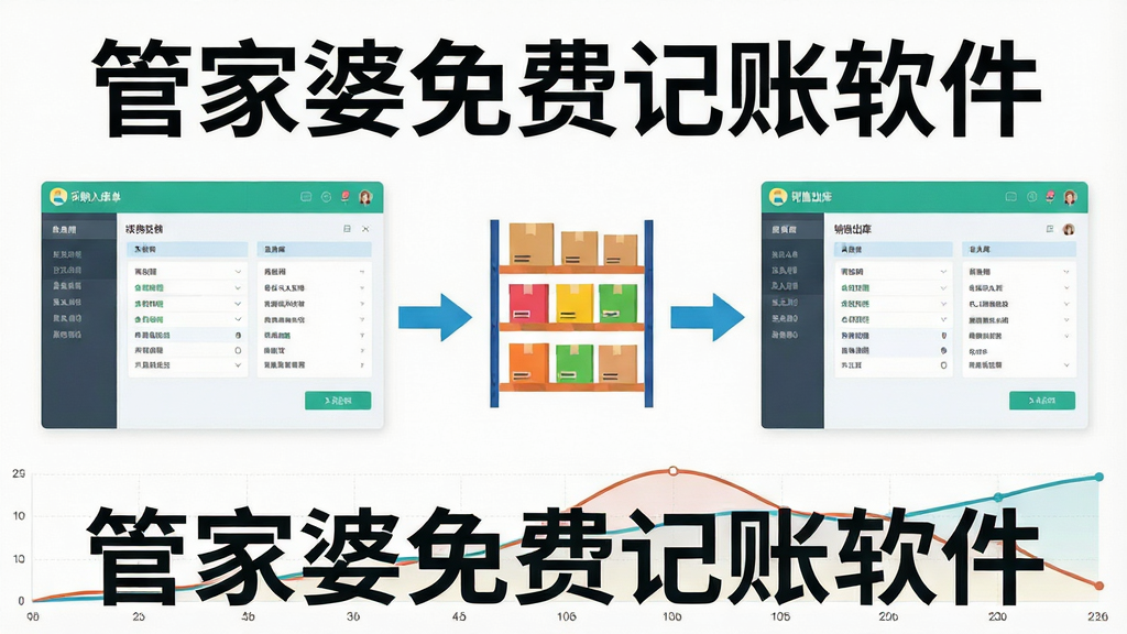 一张展示管家婆免费记账软件进销存管理功能的概念图,画面左侧为采购入库单据界面,中间用箭头连接仓库货架图标,右侧为销售出库单据界面,货架上有不同颜色的商品盒子,底部显示库存数量变化曲线,整体风格扁平化插画风,配色清新明亮,画面中标注文字“管家婆免费记账软件”,画质清晰,干净整洁,无多余元素