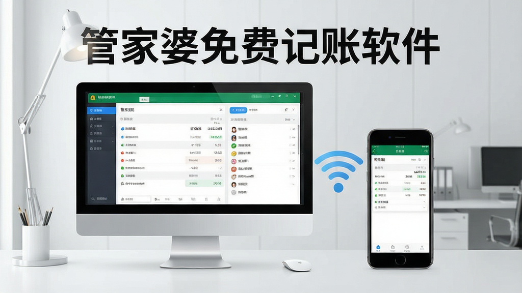 一张展示管家婆免费记账软件多端同步功能的图片,画面中央是一台台式电脑和一部智能手机并排摆放,两者之间用无线信号图标连接,电脑屏幕显示记账界面,手机屏幕显示同样的数据概览,背景为简约办公室环境,整体风格科技商务风,画面中标注文字“管家婆免费记账软件”,画质清晰,干净整洁,无多余元素