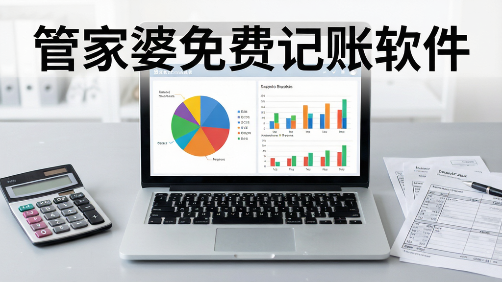 一张展示管家婆免费记账软件财务报表功能的图片,画面中央是一台笔记本电脑屏幕,屏幕上显示彩色饼图和柱状图组成的财务报表界面,屏幕旁边散落着计算器和纸质账单,背景为浅灰色办公桌面,整体风格写实商务风,画面中标注文字“管家婆免费记账软件”,画质清晰,干净整洁,无多余元素