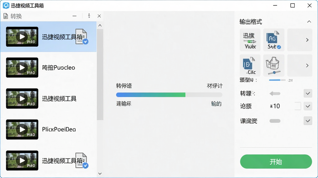 一张展示迅捷视频工具箱格式转换功能的图片,画面主体为软件转换界面,左侧列表显示多个视频文件,右侧为输出格式选择面板,中间有转换进度条,整体风格为清爽商务风,细节包括格式图标、参数选项、开始按钮,画质清晰,干净,无多余元素