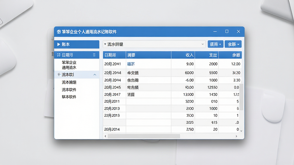软件主界面全景展示,画面中央是「笨笨企业个人通用流水记账软件」的窗口,左侧为账本列表导航栏,右侧为流水明细表格,表格中包含日期、摘要、收入、支出、余额等列,界面风格简洁商务,蓝色与白色为主色调,窗口周围有柔和阴影,背景为干净的浅灰色桌面,整体布局清晰,画质高清,无多余元素