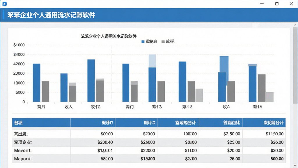 软件统计报表界面展示,画面中「笨笨企业个人通用流水记账软件」的报表页面占据主体,包含柱状图与数据表格,柱状图显示不同月份的收入与支出对比,表格中列出各项合计数据,界面风格商务简洁,蓝色与灰色搭配,背景干净,画质高清,无多余装饰