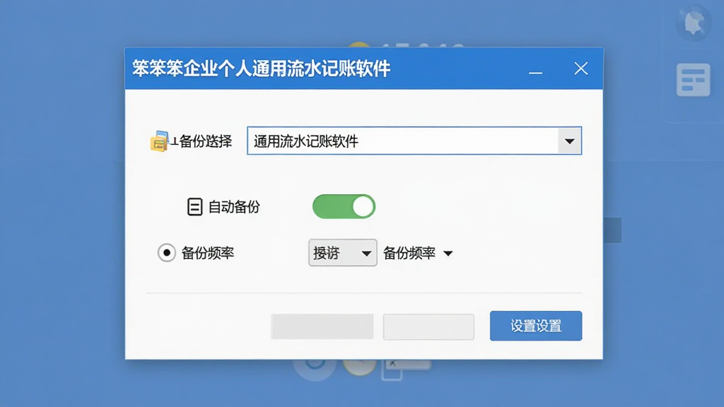 软件数据备份设置界面,画面中「笨笨企业个人通用流水记账软件」的设置窗口位于中央,包含备份路径选择框、自动备份开关、备份频率选项,界面风格简洁,按钮清晰,背景为纯色,整体布局规整,画质清晰,无多余元素