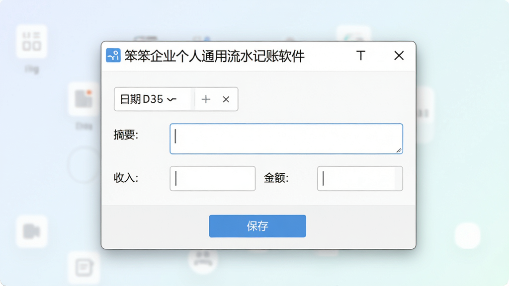 软件流水录入界面特写,画面中「笨笨企业个人通用流水记账软件」的录入窗口位于中央,包含日期选择框、摘要输入框、收入与支出金额输入框,下方有保存按钮,界面元素排列整齐,配色清爽,背景为浅色渐变,整体风格简洁专业,画质清晰,无杂乱元素