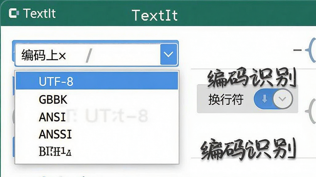 一张展示TextIt编码转换功能的示意图,主体为软件界面中的编码选择下拉菜单与换行符切换按钮,布局采用局部特写式排版,风格为清晰的技术说明图,细节包括菜单中列出的UTF-8、GBK、ANSI等选项,画质高清,画面中文字标注“TextIt”和“编码识别”