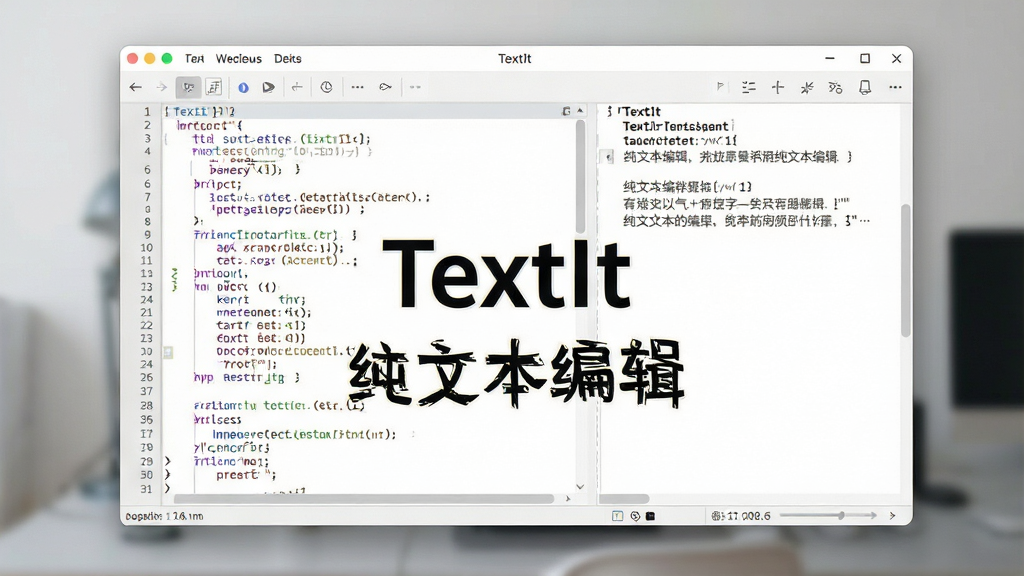 一张展示TextIt软件主界面的全景图,主体为居中打开的浅色主题文本编辑窗口,窗口内显示多行代码与中文笔记混排内容,布局采用左右留白均衡的排版方式,风格为现代简约科技感,细节包括顶部菜单栏、行号显示区、状态栏字数统计,画质清晰干净,无多余元素,画面中文字标注“TextIt”和“纯文本编辑”