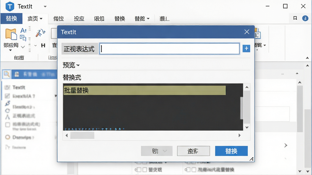 一张表现TextIt查找替换功能的场景图,主体为软件界面中展开的查找替换对话框,布局采用上下分层式排版,风格为简洁的办公软件截图风格,细节包括正则表达式输入框、预览高亮区域、替换按钮,画质清晰干净,画面中文字标注“TextIt”和“批量替换”