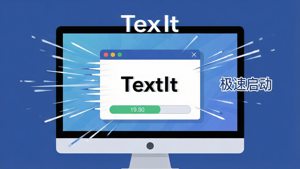 一张表现TextIt快速启动特性的概念图,主体为电脑屏幕中央瞬间弹出的编辑窗口,布局采用中心聚焦式构图,风格为速度感与轻量化结合的扁平插画,细节包括窗口周围的速度线、内存占用指示条显示低位数值,画质锐利,画面中文字标注“TextIt”和“极速启动”