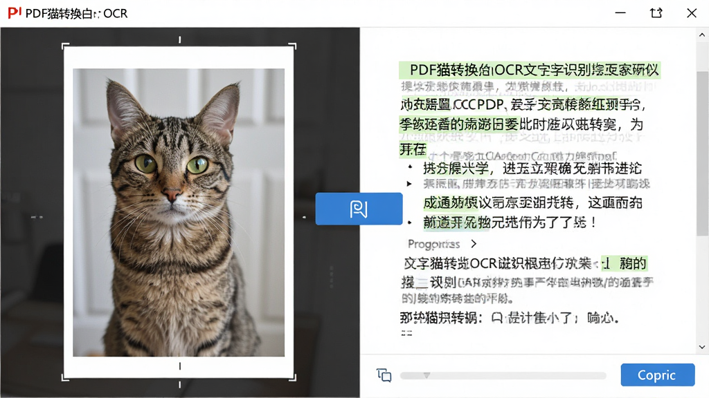 一张展示PDF猫转换器OCR文字识别功能的图片,画面主体为软件界面,左侧显示扫描件图片预览,右侧显示识别出的可编辑文字内容,中间有识别按钮,布局为左右分栏结构,排版清晰,风格为现代办公软件界面,细节上体现文字高亮、识别进度、复制按钮,画质高清,干净,无多余元素