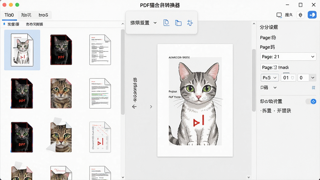 一张展示PDF猫转换器合并与拆分功能的图片,画面主体为软件操作界面,左侧显示多个PDF文件缩略图,右侧显示合并后的文档预览和拆分设置选项,布局为左右分区结构,排版合理,风格为清爽办公软件界面,细节上体现拖拽排序、页码选择、预览窗口,画质高清,干净,无多余元素