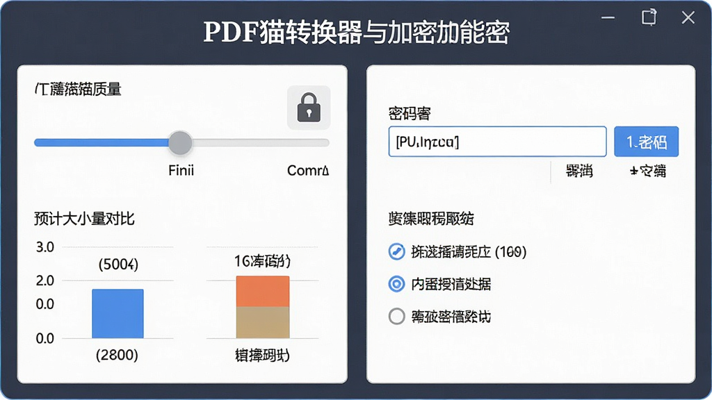 一张展示PDF猫转换器压缩与加密功能的图片,画面主体为软件设置面板,左侧显示压缩质量滑块和预计大小对比,右侧显示密码输入框和权限选项,布局为左右对称结构,排版规整,风格为安全办公软件界面,细节上体现锁形图标、压缩比例、密码强度提示,画质高清,干净,无多余元素