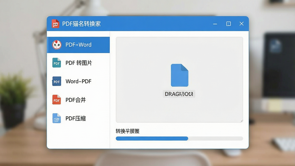 一张展示PDF猫转换器软件界面的图片,画面主体为软件主窗口,左侧为功能导航栏包含PDF转Word、PDF转图片、Word转PDF、PDF合并、PDF压缩等选项,右侧为文件拖拽区域和转换进度条,布局清晰规整,排版简洁直观,风格为现代扁平化办公软件界面,细节上体现蓝色主色调、图标精致、文字清晰,画质高清,干净,无多余元素