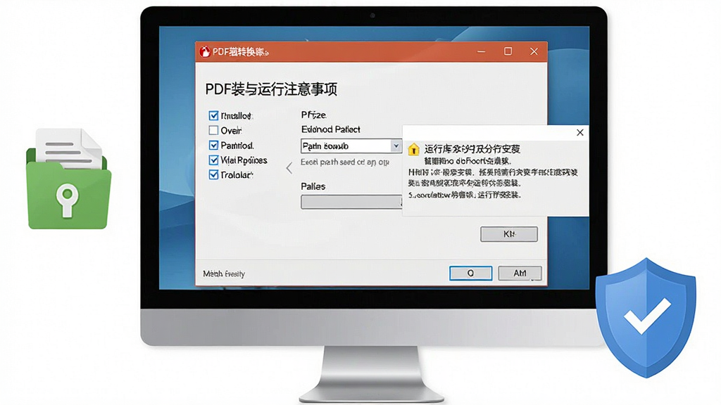 一张展示PDF猫转换器安装与运行注意事项的图片,画面主体为电脑屏幕显示软件安装向导界面和运行库安装提示,旁边有备份文件图标和盾牌安全图标,布局为居中构图,排版清晰,风格为实用教程类界面,细节上体现勾选框、路径选择、提示文字,画质高清,干净,无多余元素