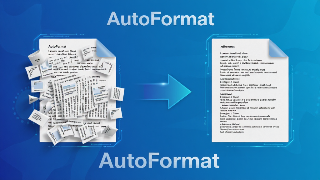 AutoFormat软件智能识别功能展示图,画面中一个文档文件从混乱状态逐渐变为整齐排版的动态效果,左侧显示紊乱的文本块,右侧显示格式化后的整洁文本,中间用箭头连接,风格科技感,配色以蓝色渐变为主,画面中显示文字