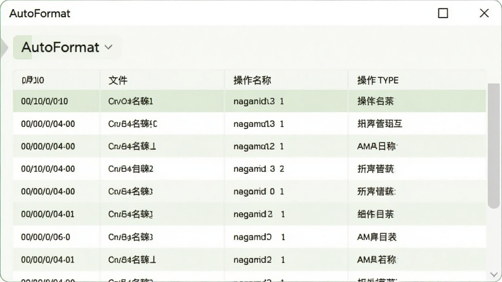 AutoFormat操作日志界面截图,画面展示一个日志列表窗口,列表中包含时间、文件名、操作类型等列信息,界面风格清爽素雅,配色以白色和浅绿色为主,画面中显示文字