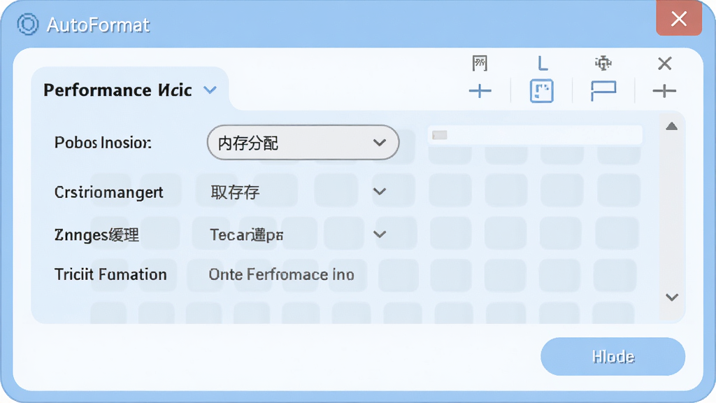 AutoFormat软件运行优化设置界面,画面展示一个设置窗口,窗口中有性能优化相关选项,包括内存分配、缓存清理等,界面风格柔和圆角,配色以浅蓝和白色为主,画面中显示文字
