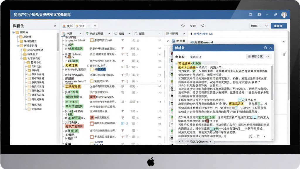 房地产估价师执业资格考试宝典题库界面展示图,主体为电脑屏幕显示海量题目列表与解析弹窗,布局为左侧科目树状图右侧题目详情,排版清晰,风格为专业教育软件风格,细节包含高亮标记的正确答案和详尽的文字解析,画质清晰,画面干净,无多余元素