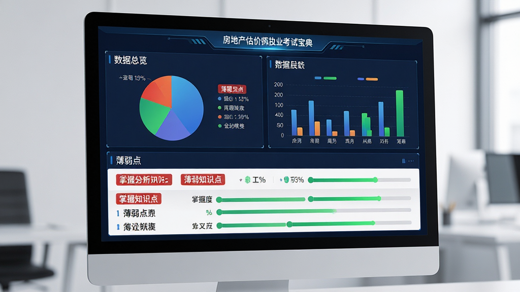 房地产估价师执业资格考试宝典智能分析界面展示图,主体为电脑屏幕显示饼状图与柱状图数据分析报告,布局为上方数据总览下方薄弱点列表,排版直观,风格为数据可视化科技风,细节包含红色的薄弱知识点标签和绿色的掌握度进度条,画质高清,画面干净,无多余元素