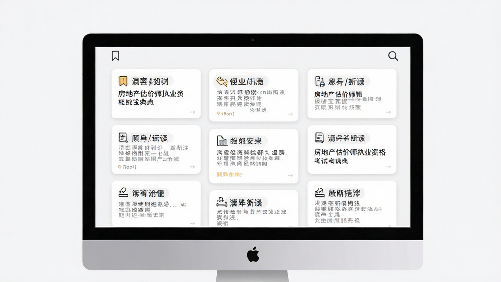 房地产估价师执业资格考试宝典速记手册界面展示图,主体为电脑屏幕显示精炼的知识点卡片,布局为瀑布流卡片式排列,排版清爽,风格为极简阅读风,细节包含书签图标和搜索放大镜图标,画质高清,画面干净,无多余元素