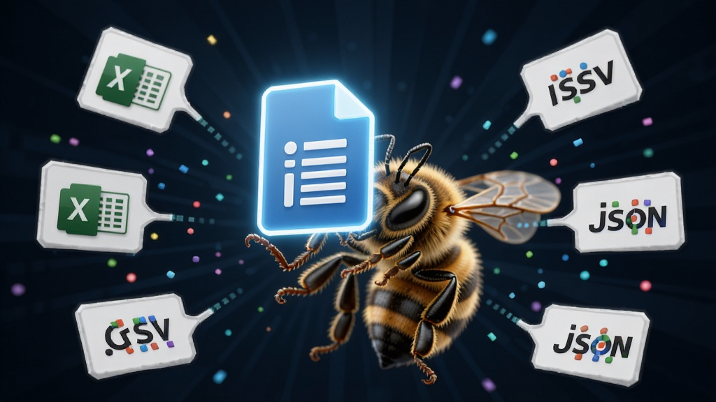 一只蜜蜂用触角托起一个发光的文件图标,周围环绕着Excel、CSV、JSON等格式标签,主体位于画面中心,布局呈放射状,排版清晰,风格为3D渲染科技风,细节有数据粒子飘散,画质细腻,干净,无多余元素