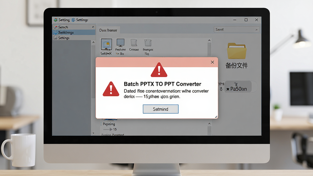 Batch PPTX TO PPT Converter 运行注意事项示意图,主体为电脑屏幕显示软件设置界面与警告提示框,布局为中心弹窗与背景软件界面,排版层次分明,风格为写实办公场景,细节包含红色警告图标与备份文件夹图标,画质清晰,画面干净,无多余元素