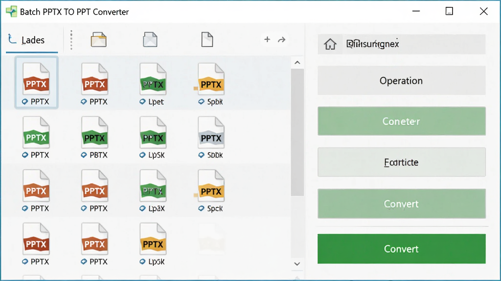 软件主界面展示,主体为 Batch PPTX TO PPT Converter 软件窗口,布局为左侧文件列表区与右侧操作按钮区,排版清晰整齐,风格为现代简约商务风,细节包含多个PPTX文件图标与绿色转换按钮,画质高清,画面干净,无多余元素
